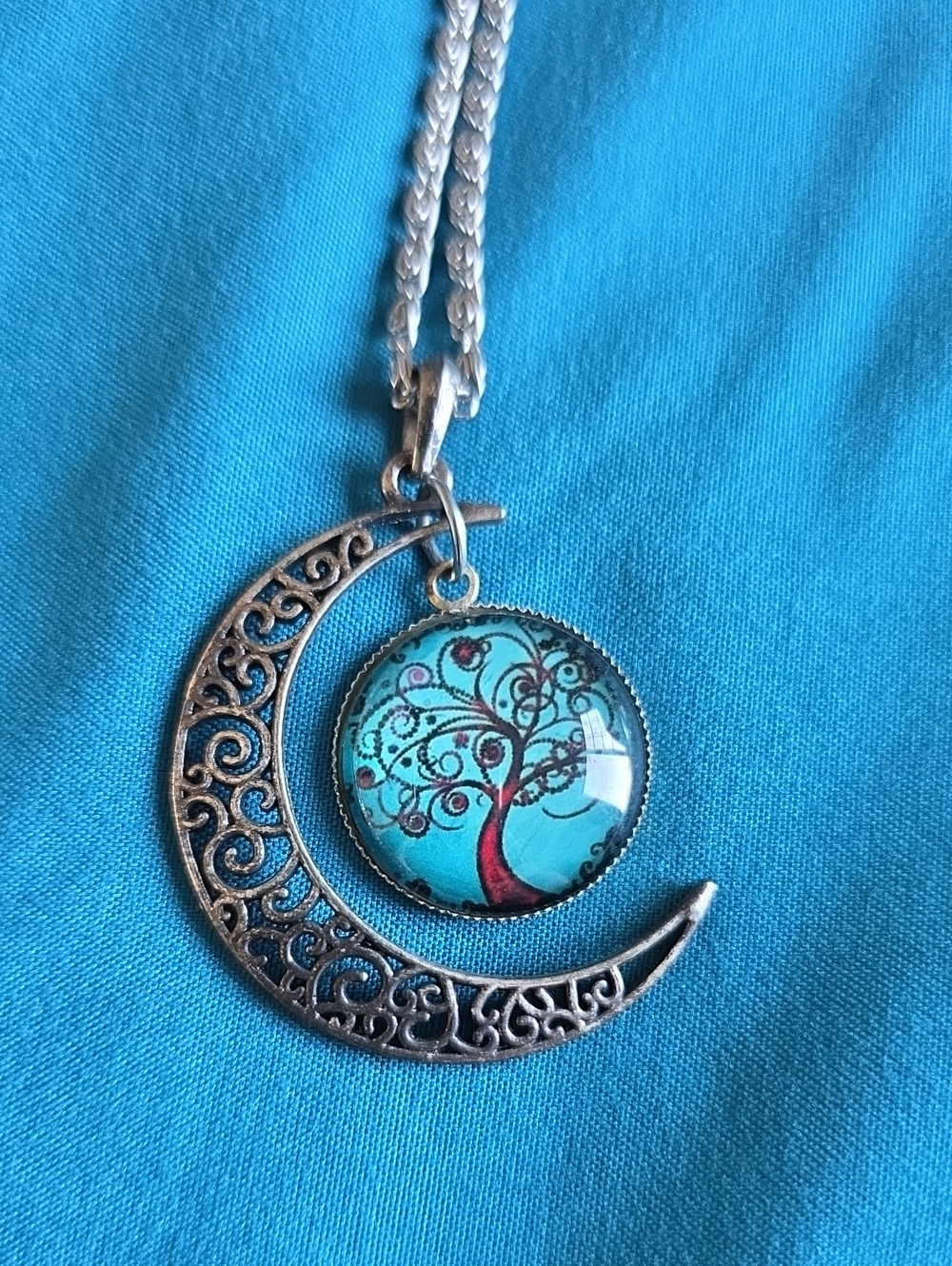 Silver Crescent Moon Tree of Life Pendant Necklace in Blue - Picture 2 of 2